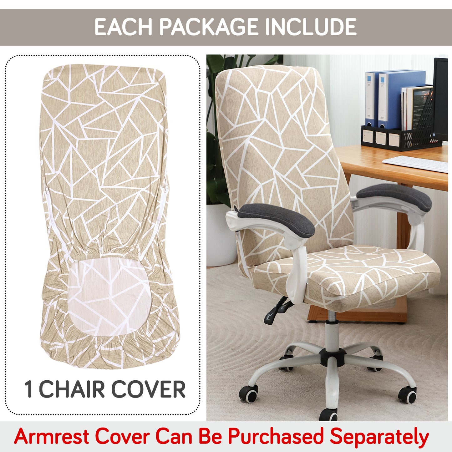 Printed Office Chair Cover for Executive Chair (High-Back) – 140 GSM Stretchable Fabric – Washable & Anti-Slip – Fits Big & Tall Office Chairs, Beige Abstract Geometry