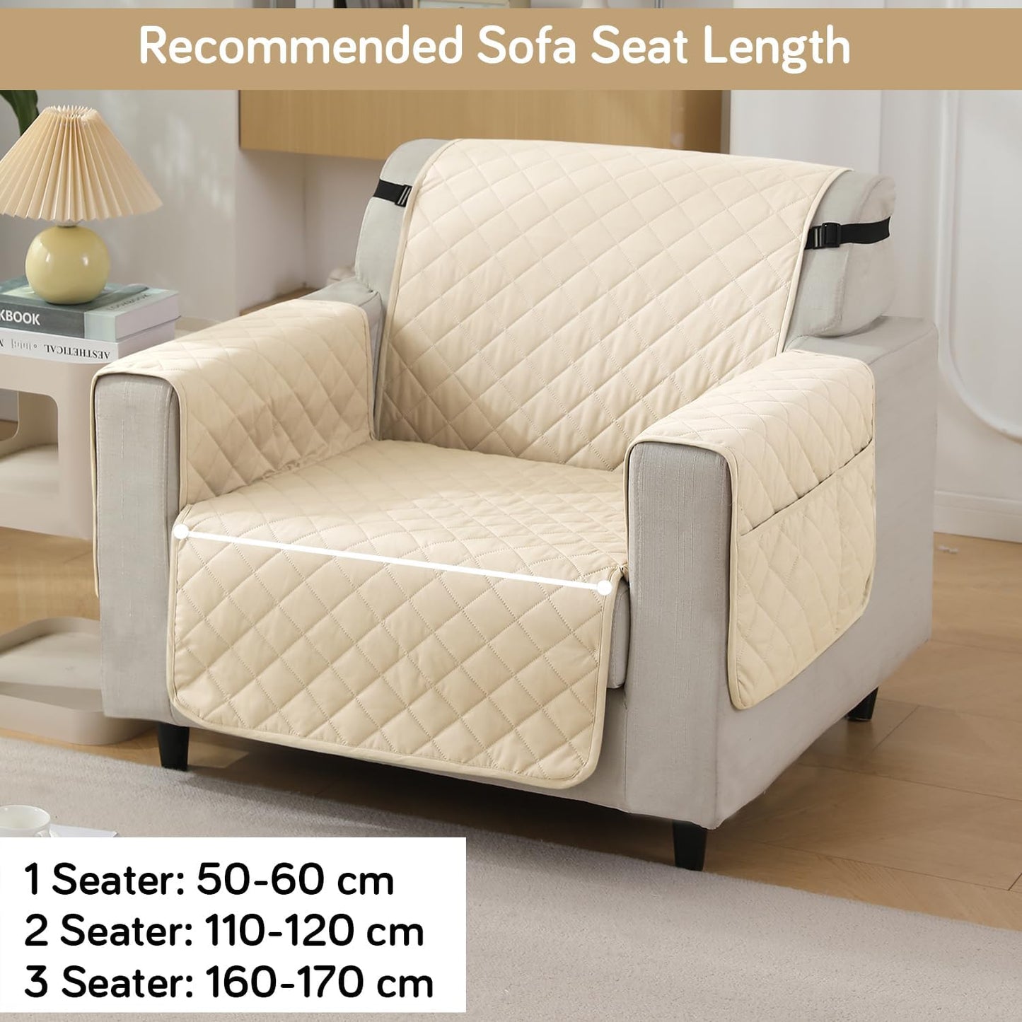 Quilted Waterproof Sofa Cover Mat with Pockets on Armrest Cover - Cream