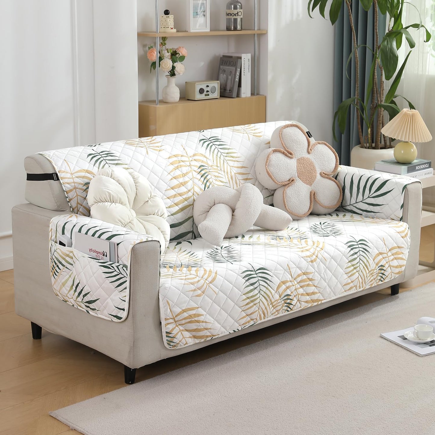 Quilted Waterproof Sofa Cover Mat with Pockets on Armrest Cover - Palm Leaves Forest Green