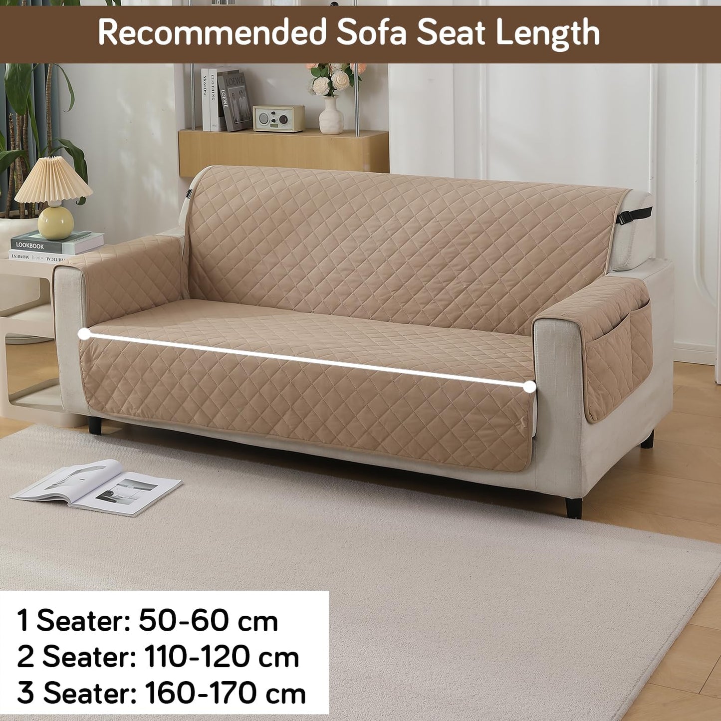 Beige colour 3 seater quilted waterproof sofa mat | Hokipo