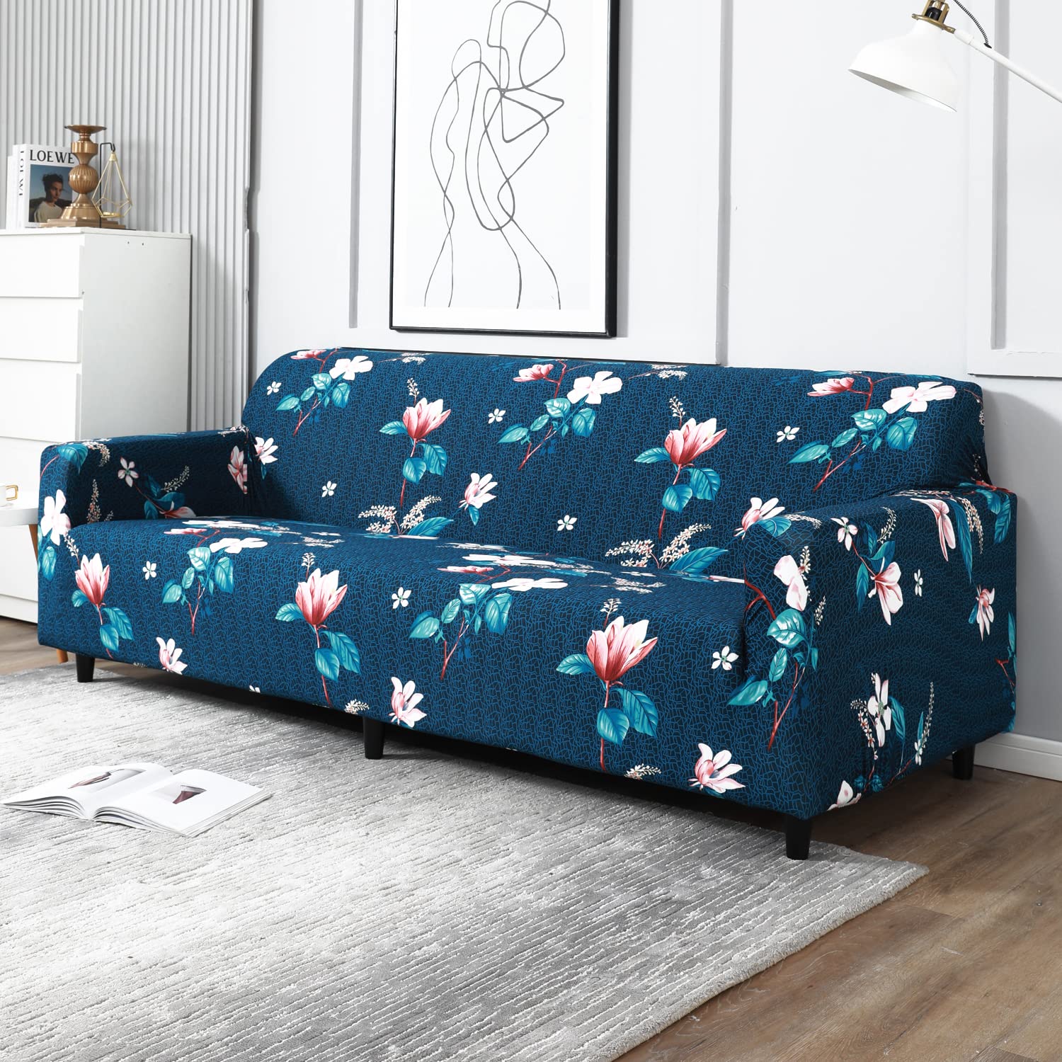 Floral print elastic 4 seater sofa cover set
