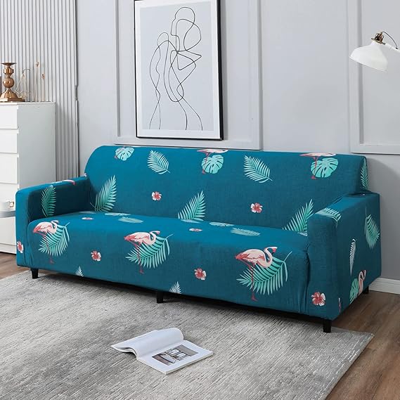 Teal colour feather print stretchable 4 seater sofa cover