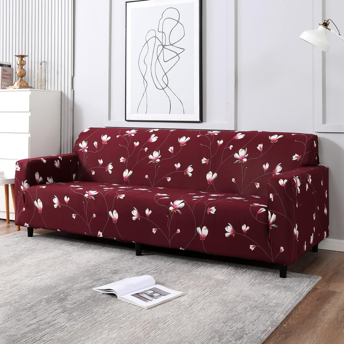 wine red floral print stretch 4 seater sofa cover