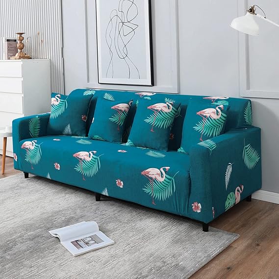 Teal colour feather print fully cover 4 seater sofa cover