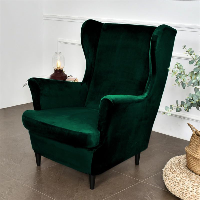 Stylish Hunter Green Elastic Velvet Wing Chair Cover