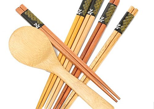 5 Pairs Wooden Bamboo Chopsticks with Rice Serving Spoon