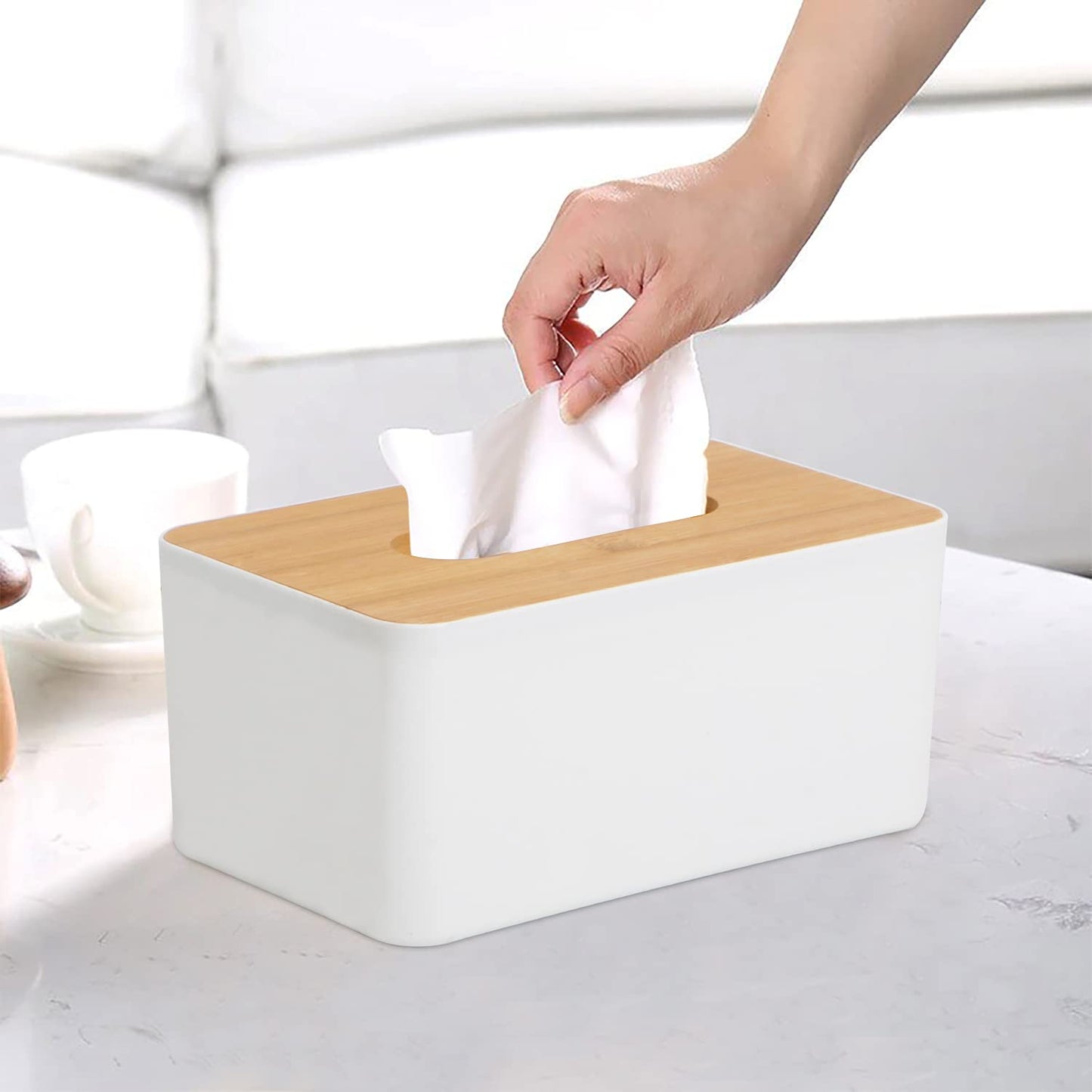 Bamboo Cover Plastic Tissue Box Holder, Tissue Paper Holder Box Case, Tissue Holder Dispenser Organizer for Car Decor Home, 21x12.5x9.5 cm