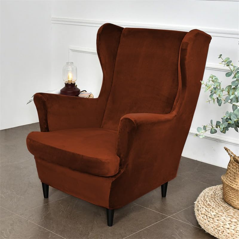 Rustic Brown Stretchable and Elastic Premium Velvet Chair Covers for Wingback Chairs