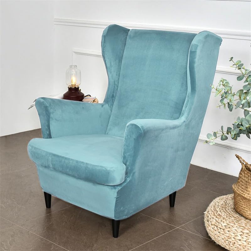 Sky Blue Stretchable and Elastic Premium Velvet Chair Covers for Wingback Chairs