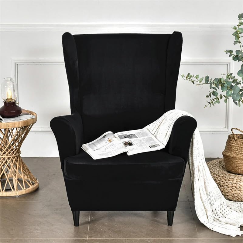 Stylish Black Elastic Velvet Wing Chair Cover