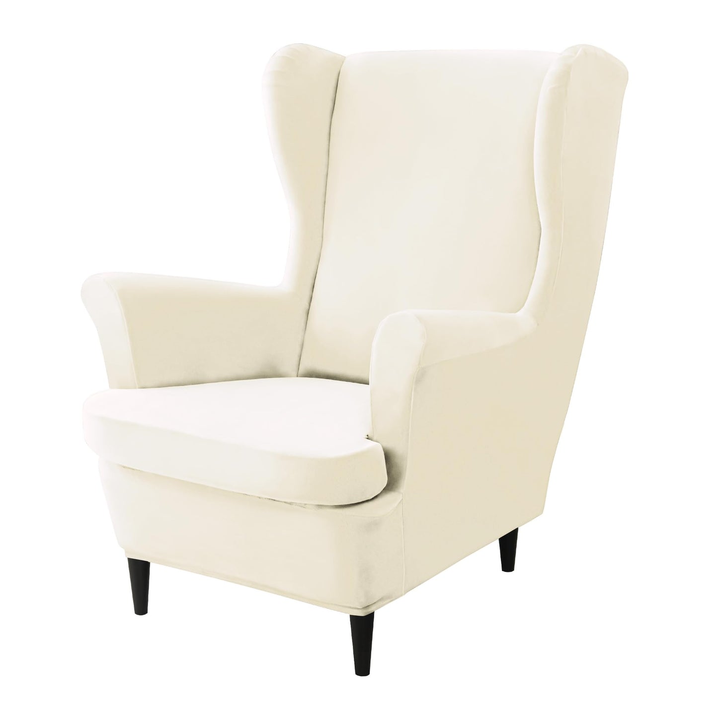Beige Elastic Velvet Wing Chair Covers