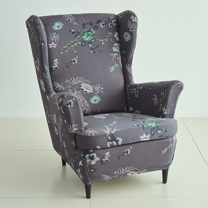 Stretchable 140 GSM Wing Chair Cover, Bentonite Grey Budding Florals