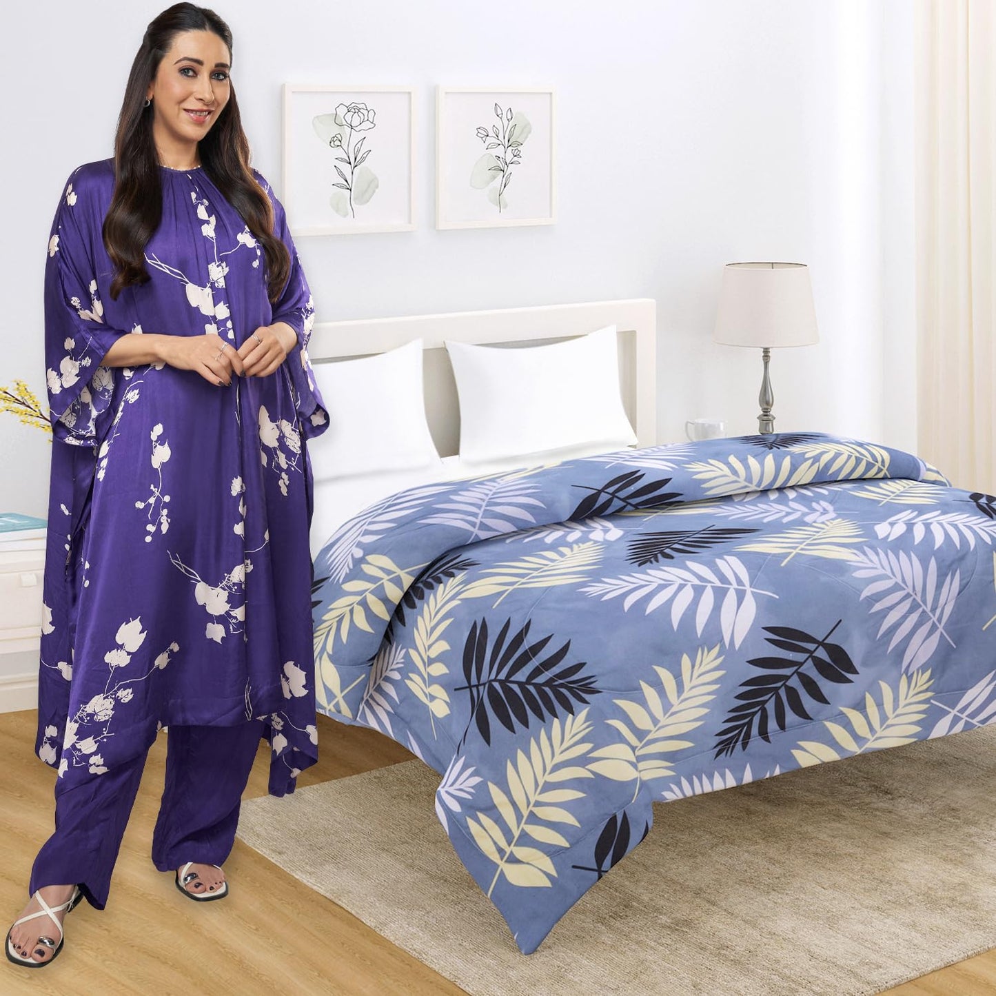 Frost Blue Pinnate Leaves Double Bed Comforter | HOKIPO