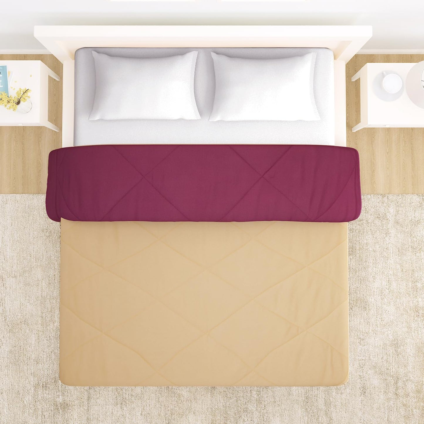 Natural Beige & Plum Bedding Set for Double Bed | HOKIPO
