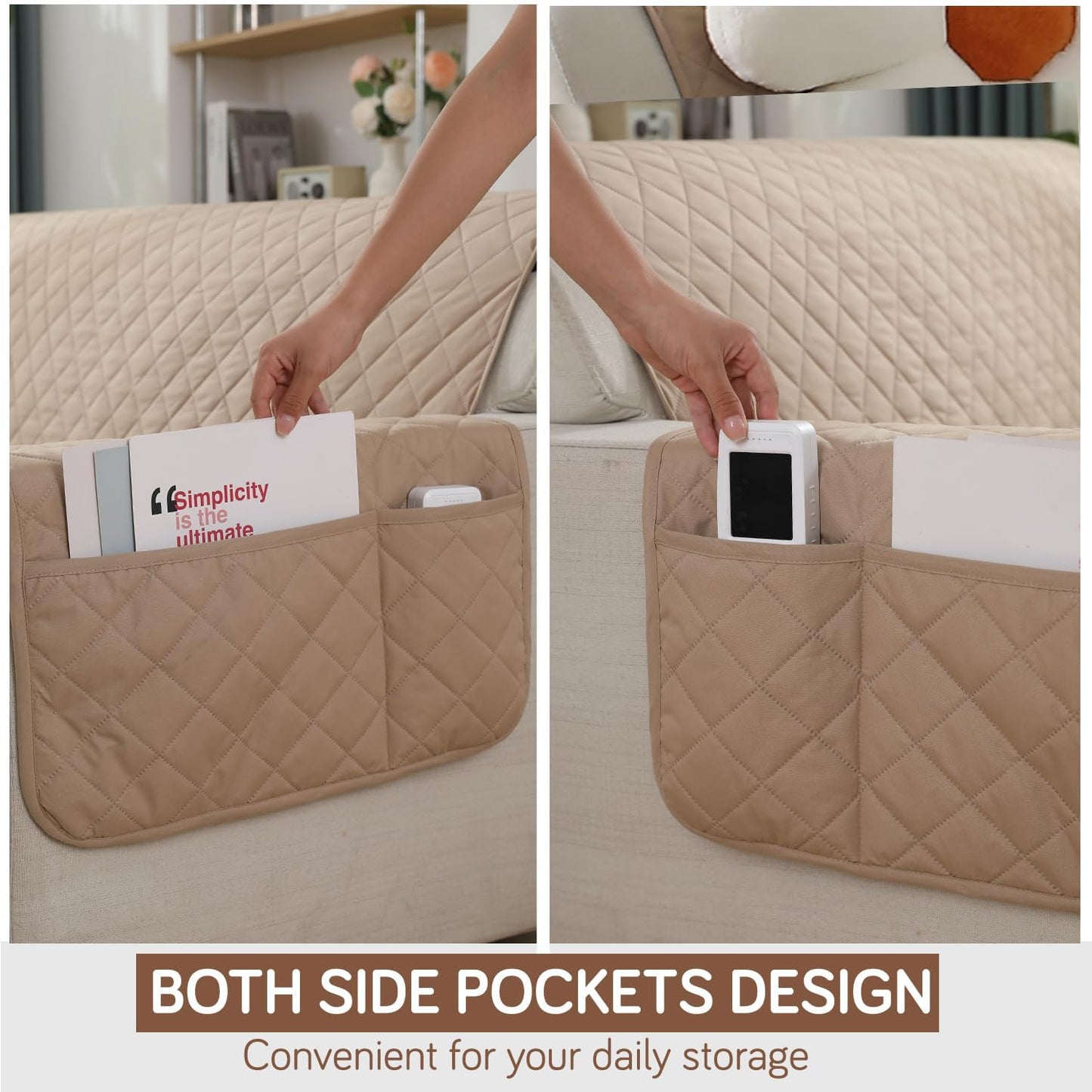 Beige quilted waterproof sofa cover set with side pockets on armrest