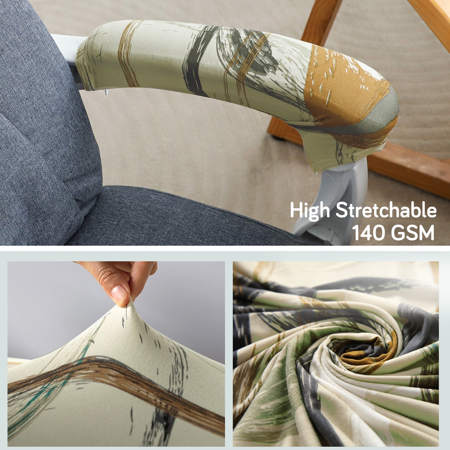140gsm Printed Armrest Covers for Office Chair (Zipper Style), 1 Pair, Parchement Beige Abstract Art
