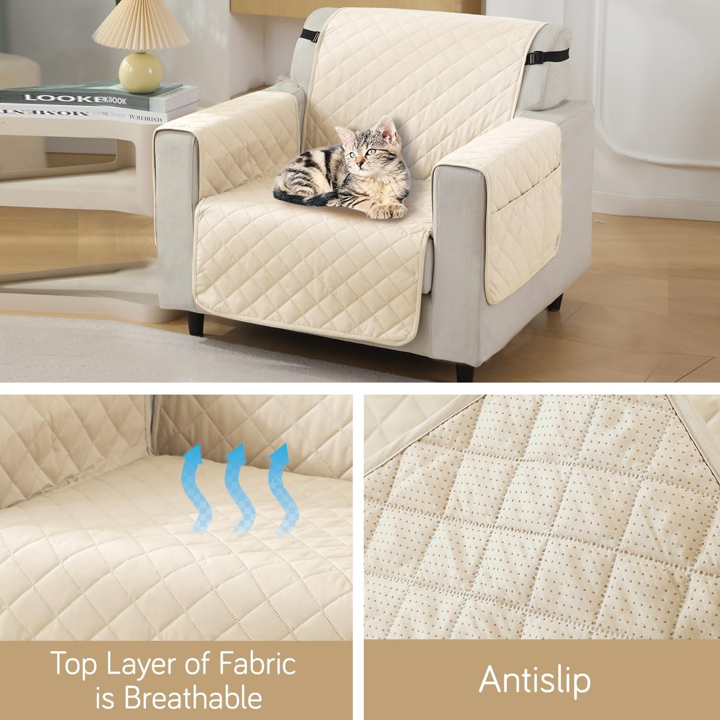 Quilted Waterproof Sofa Cover Mat with Pockets on Armrest Cover - Cream