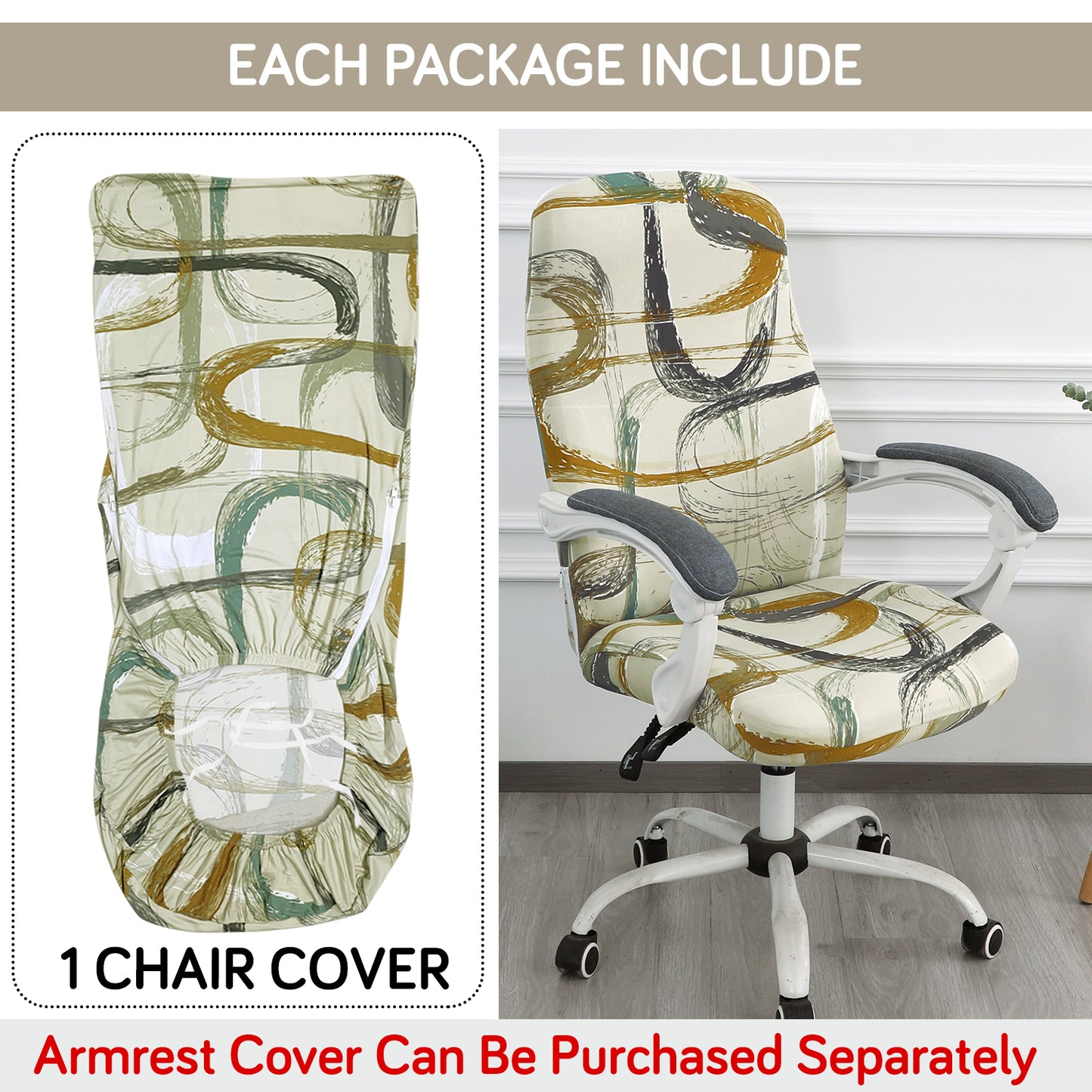 Printed Office Chair Cover for Desk Chair (Mid-Back) – 140 GSM Stretch Fabric – Durable & Anti-Slip – Fits Mid-Back Office Chairs, Parchement Beige Abstract Art - Medium