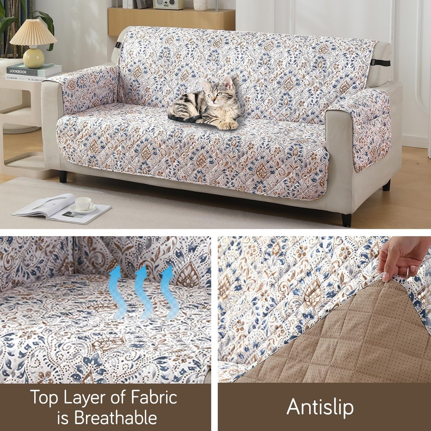 Quilted Waterproof Sofa Cover Mat with Pockets on Armrest Cover -Damask White