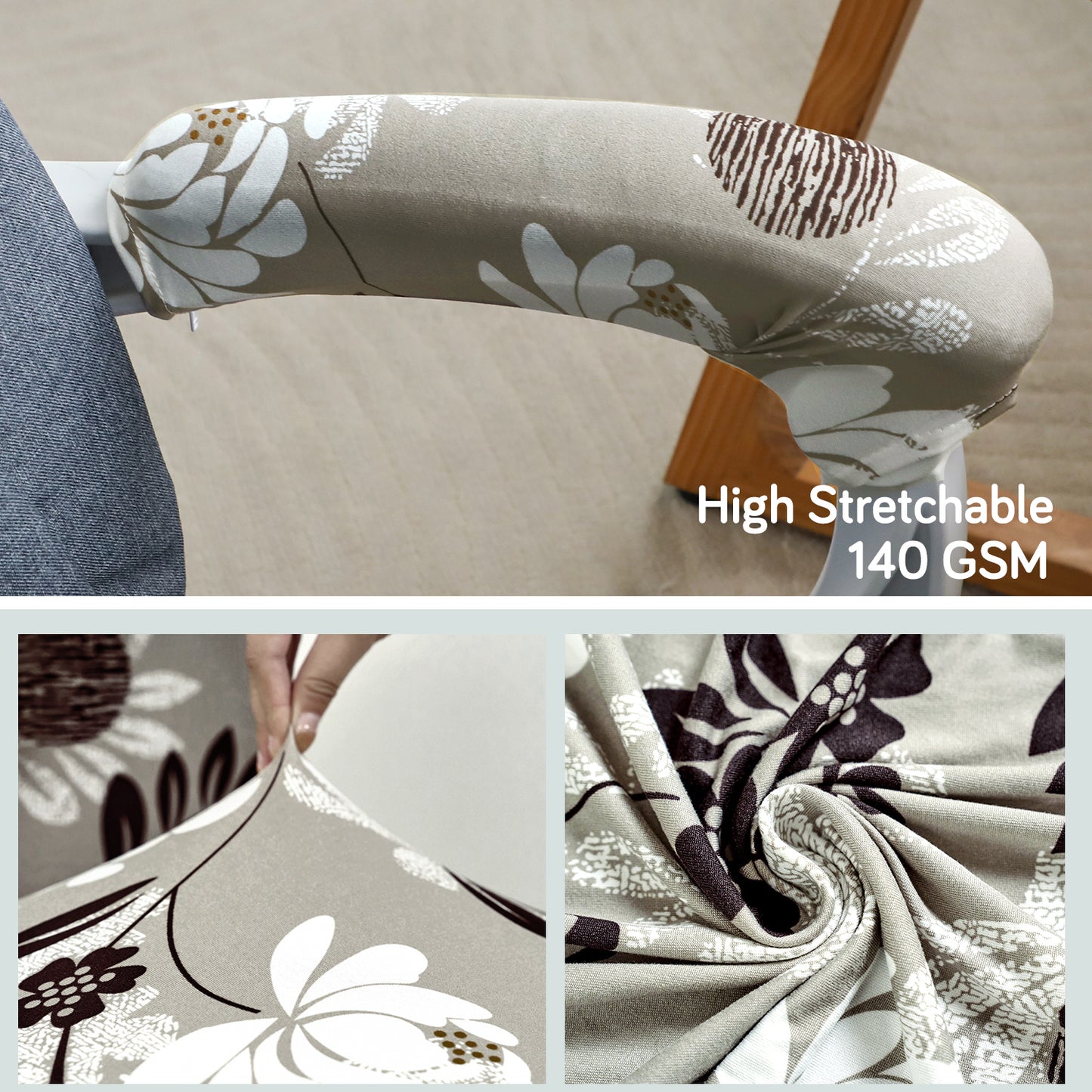 140gsm Printed Armrest Covers for Office Chair (Zipper Style), 1 Pair, Feather Brown Floral