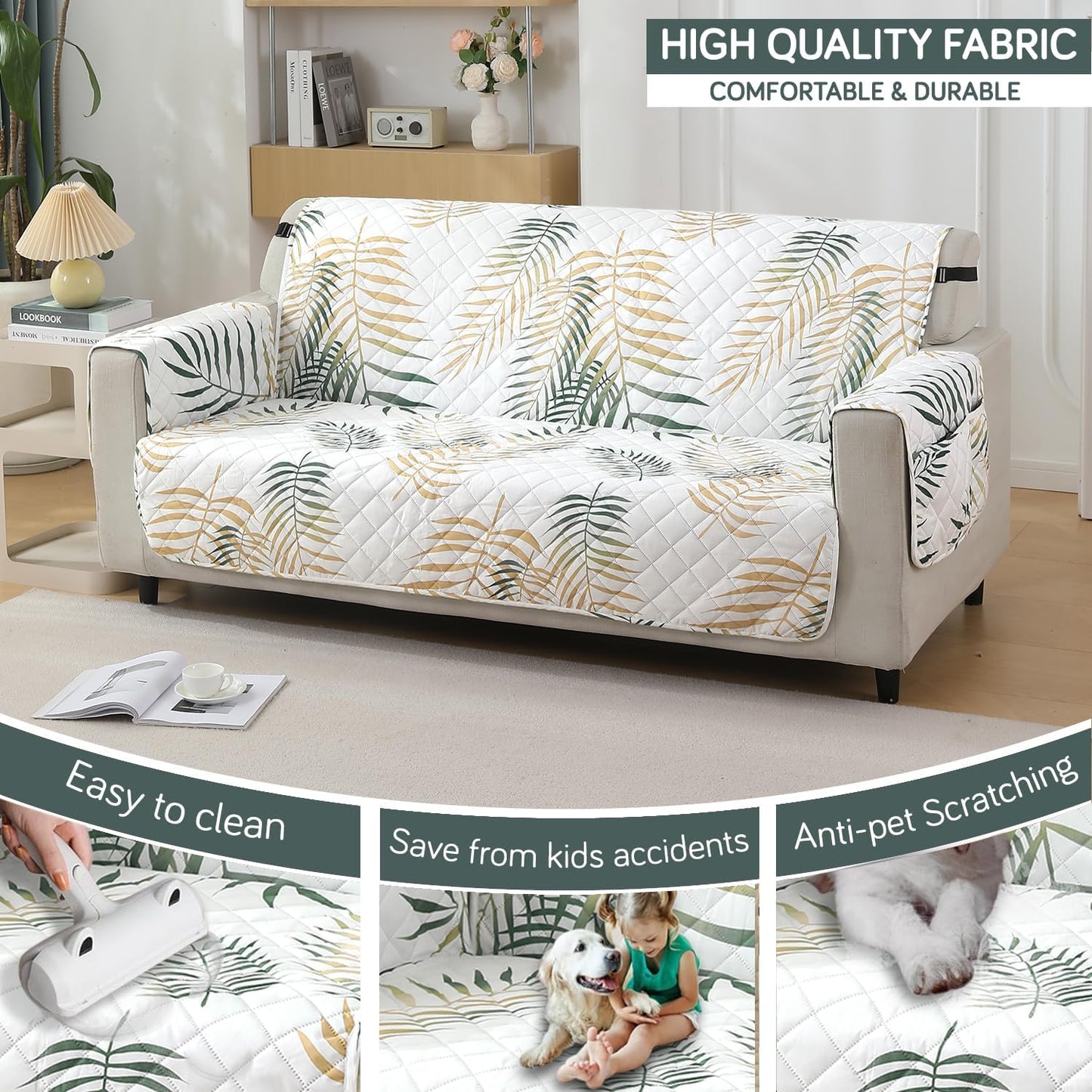 Quilted Waterproof Sofa Cover Mat with Pockets on Armrest Cover - Palm Leaves Forest Green