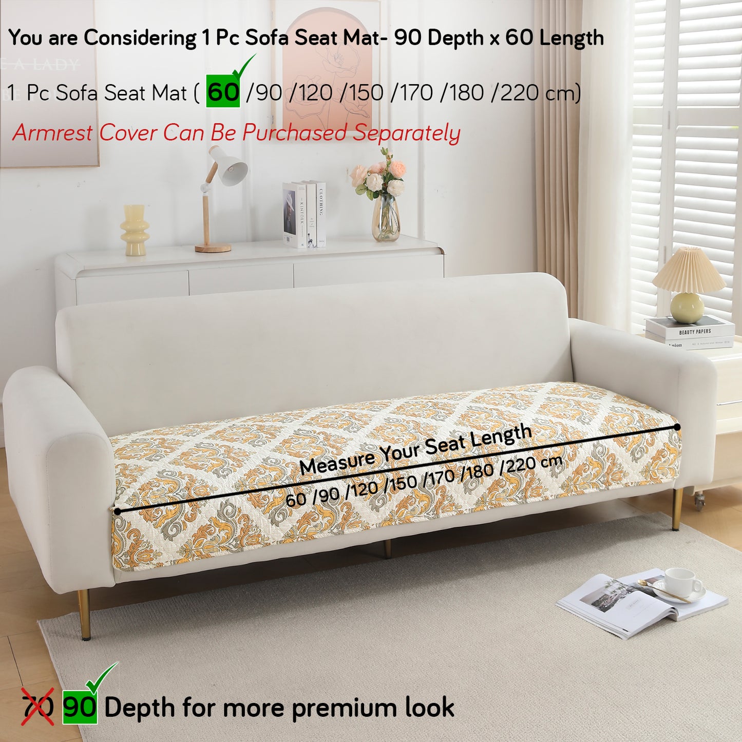 Polyester Printed Quilted Sofa Cover Mats, Damask Beige