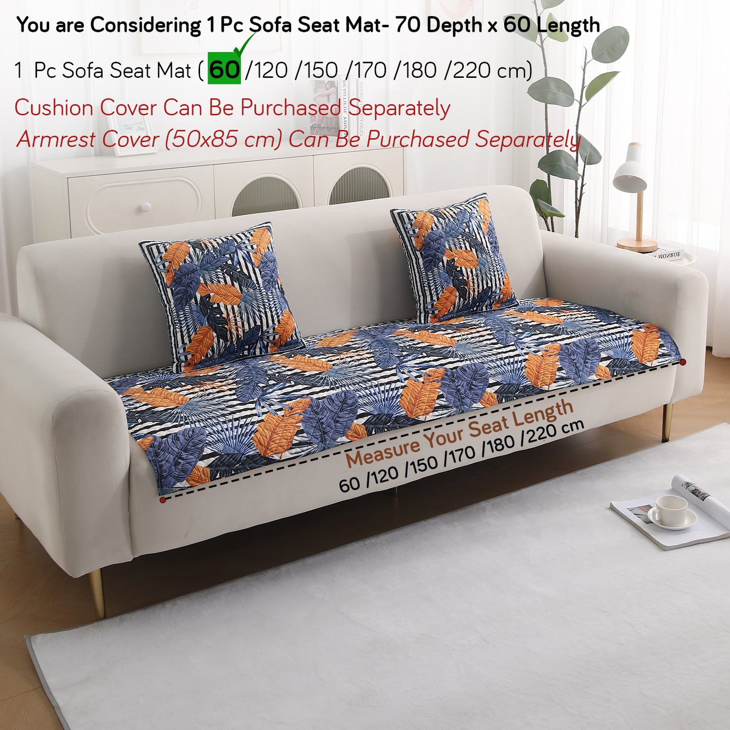 LiefNest Holland Velvet Sofa Cover Mat with Foam Filling - Tropical Leaves Dusk Blue