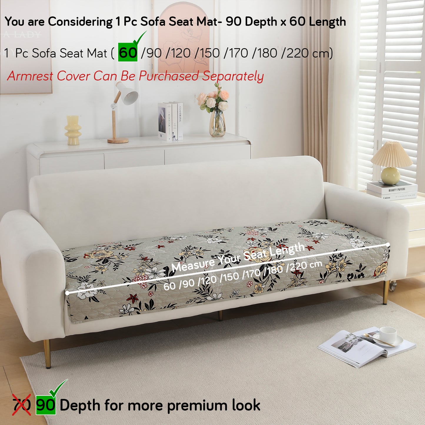 Polyester Printed Quilted Sofa Cover Mats, Floral Ash Grey