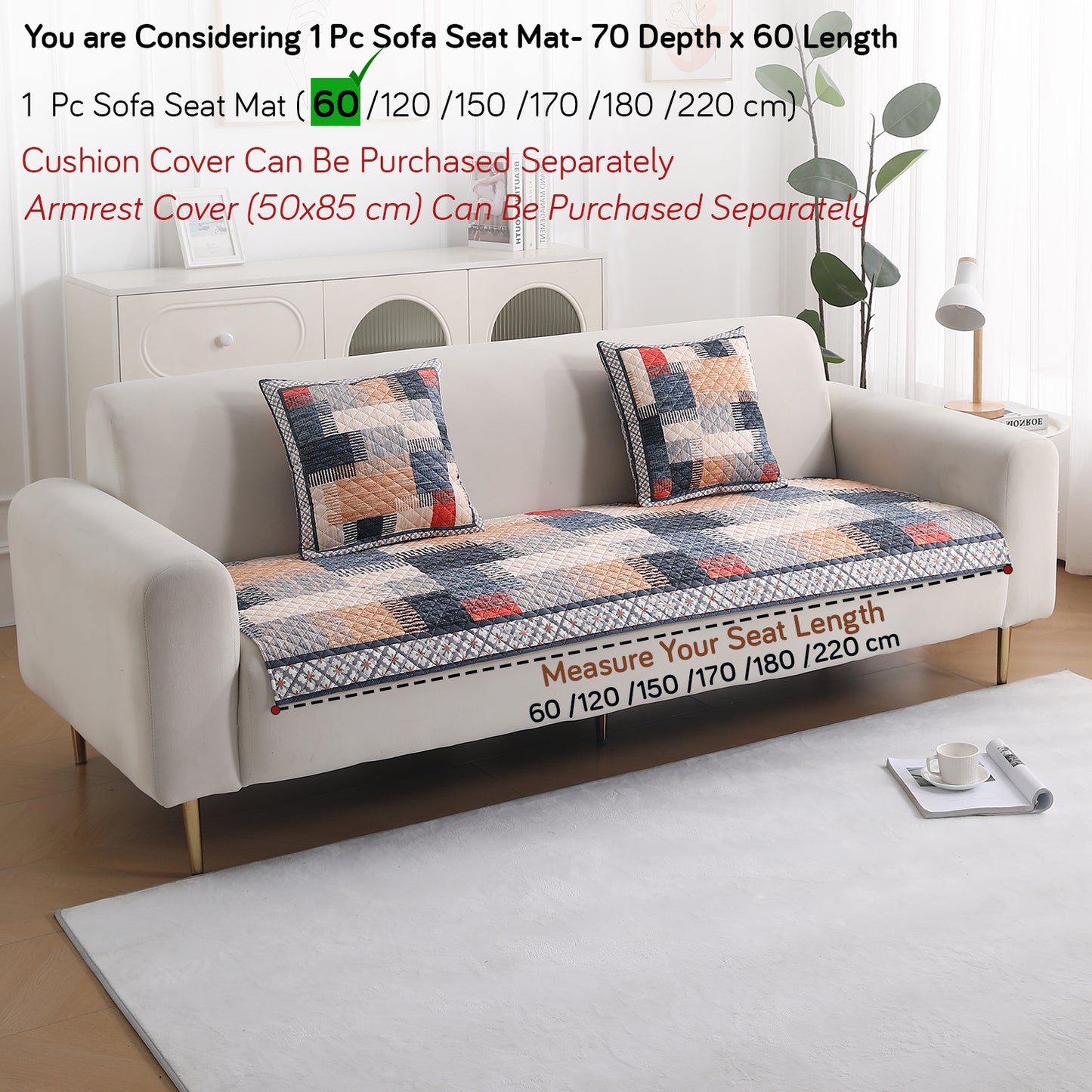 LiefNest Holland Velvet Sofa Cover Mat with Foam Filling - Urban Grid Multicolor