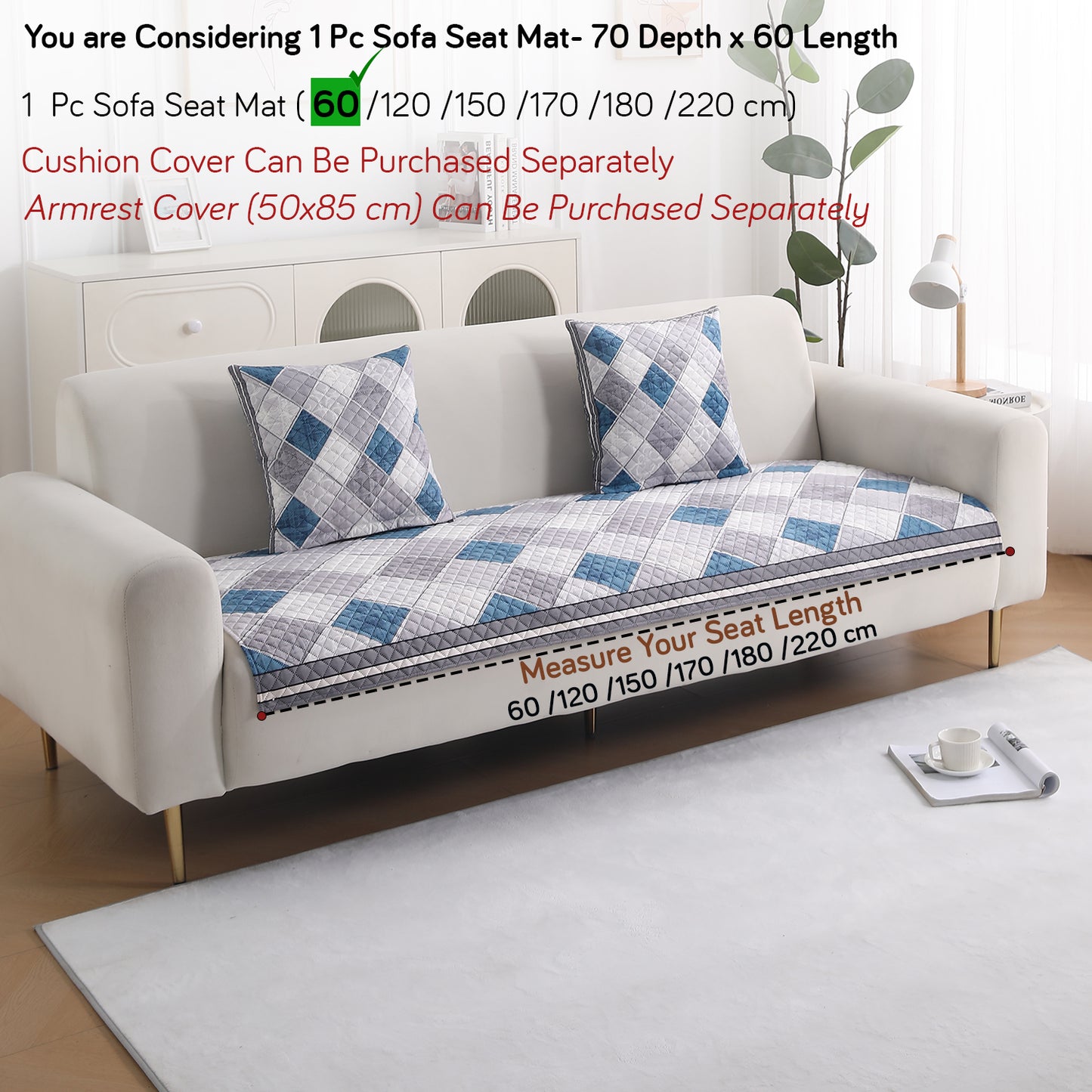 LiefNest Holland Velvet Sofa Cover Mat with Foam Filling - Diamond Slate Grey Blue
