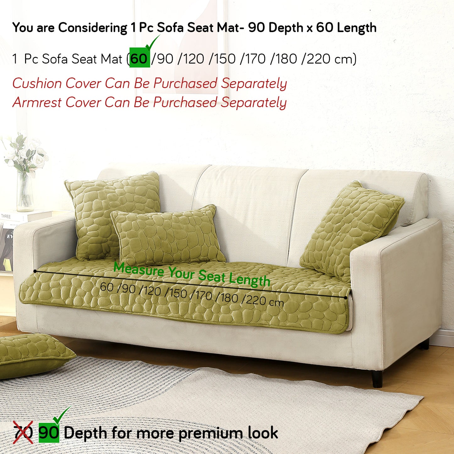 Premium Pebble Milk Velvet Anti Slip Sofa Mats, Pristine Green