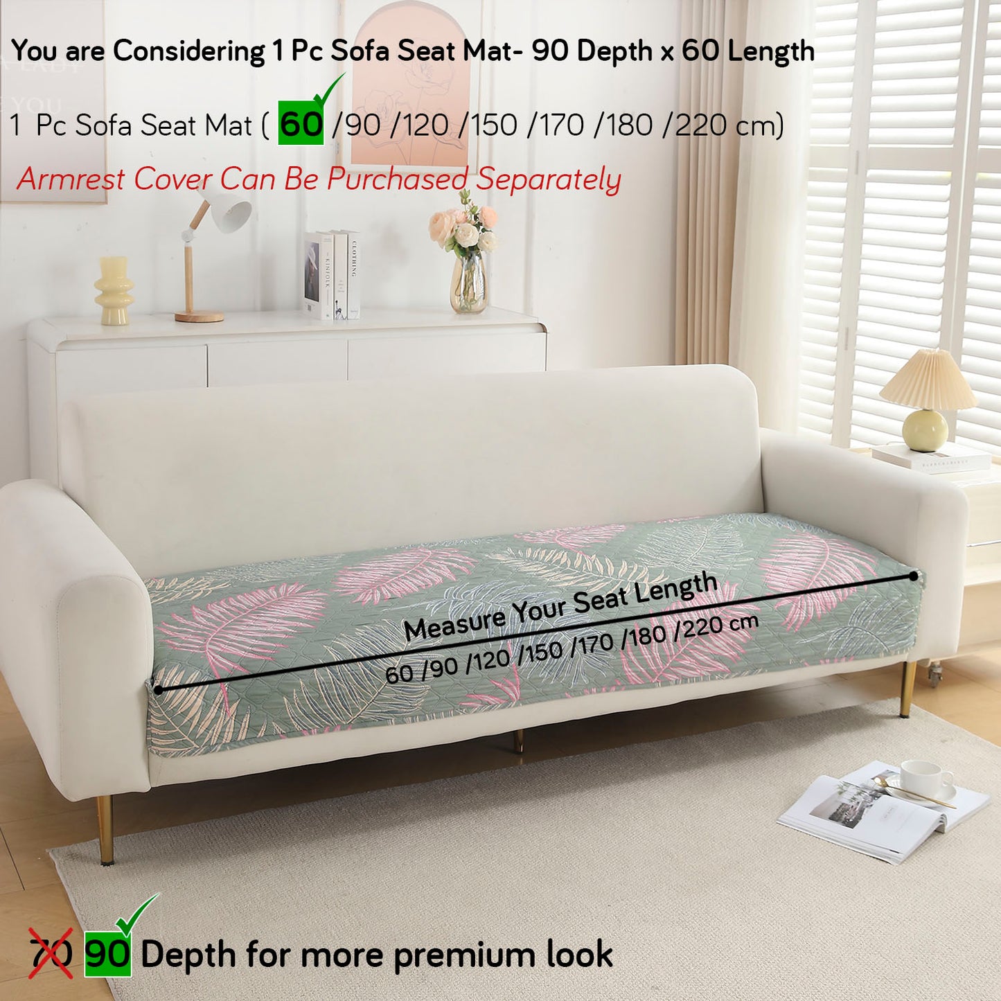 Polyester Printed Quilted Sofa Cover Mats, Tropical Leaves Pastel Green