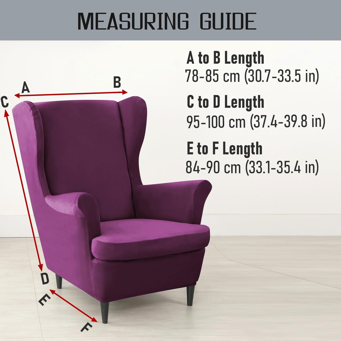 Size Guide for Purple Premium Velvet Chair Covers for Wingback Chairs