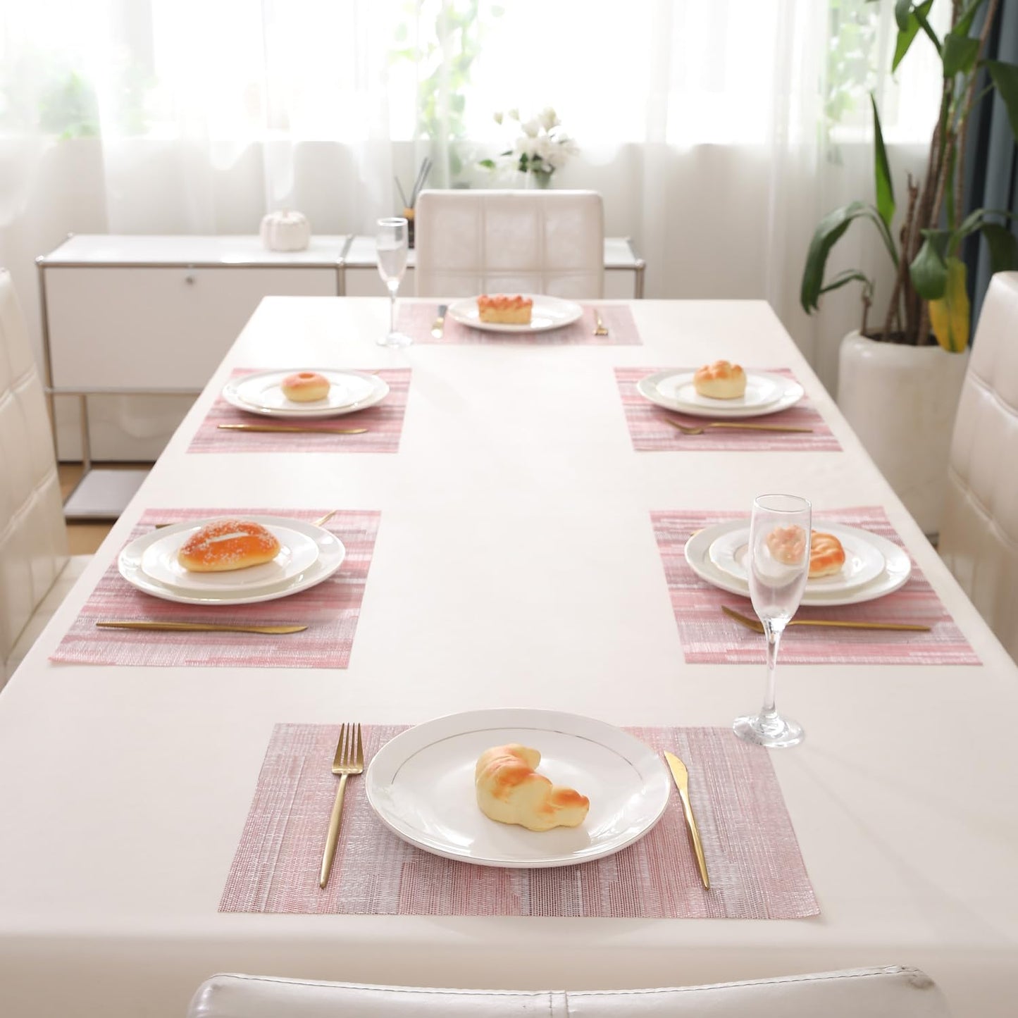HOKIPO PVC Dining Table Mats and Runner Set of 4/6, Rosemilk Essence Vertical Lines