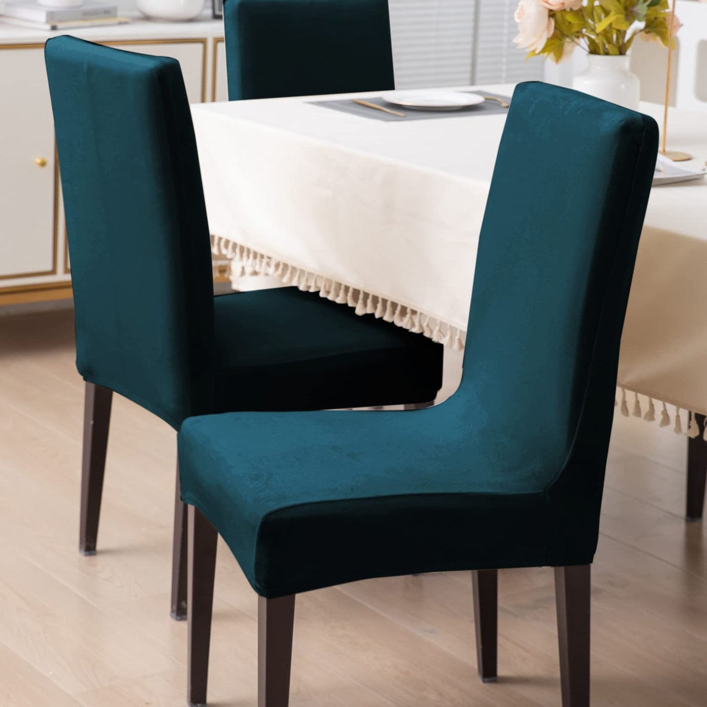 Elastic Stretchable Premium Velvet Dining Chair Cover, Peacock Blue