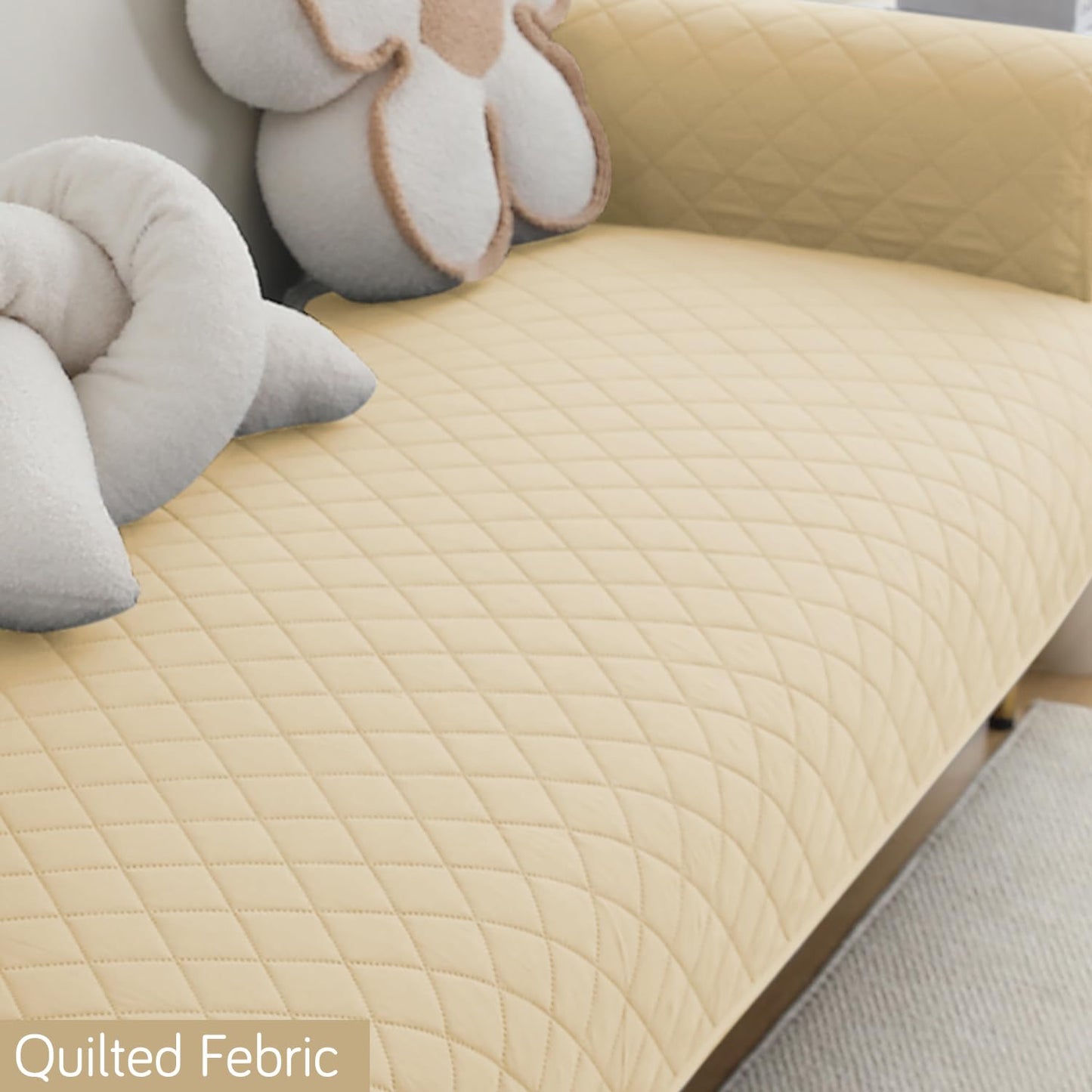 Quilted Waterproof Sofa Seat Mat with 2 Armrest Covers with Pockets, Beige