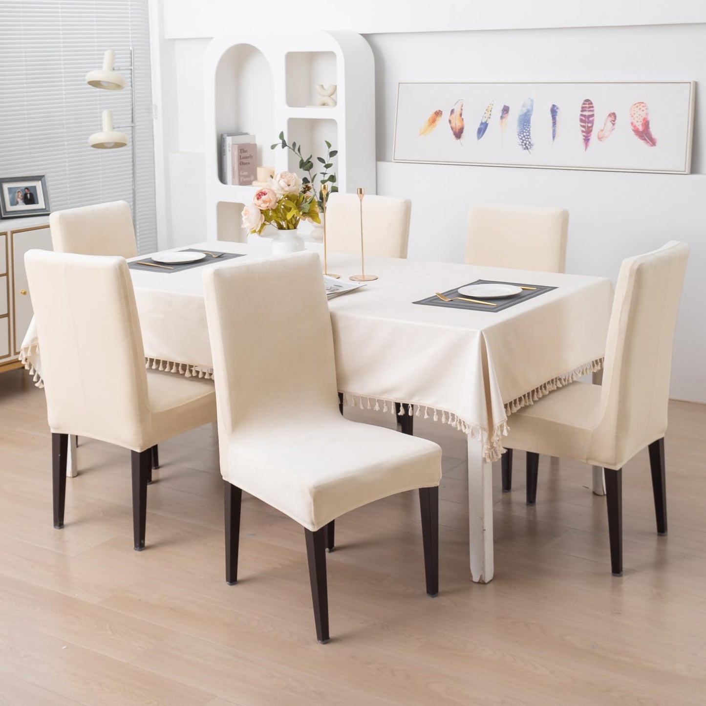 Elastic Stretchable Premium Velvet Dining Chair Cover, Beige
