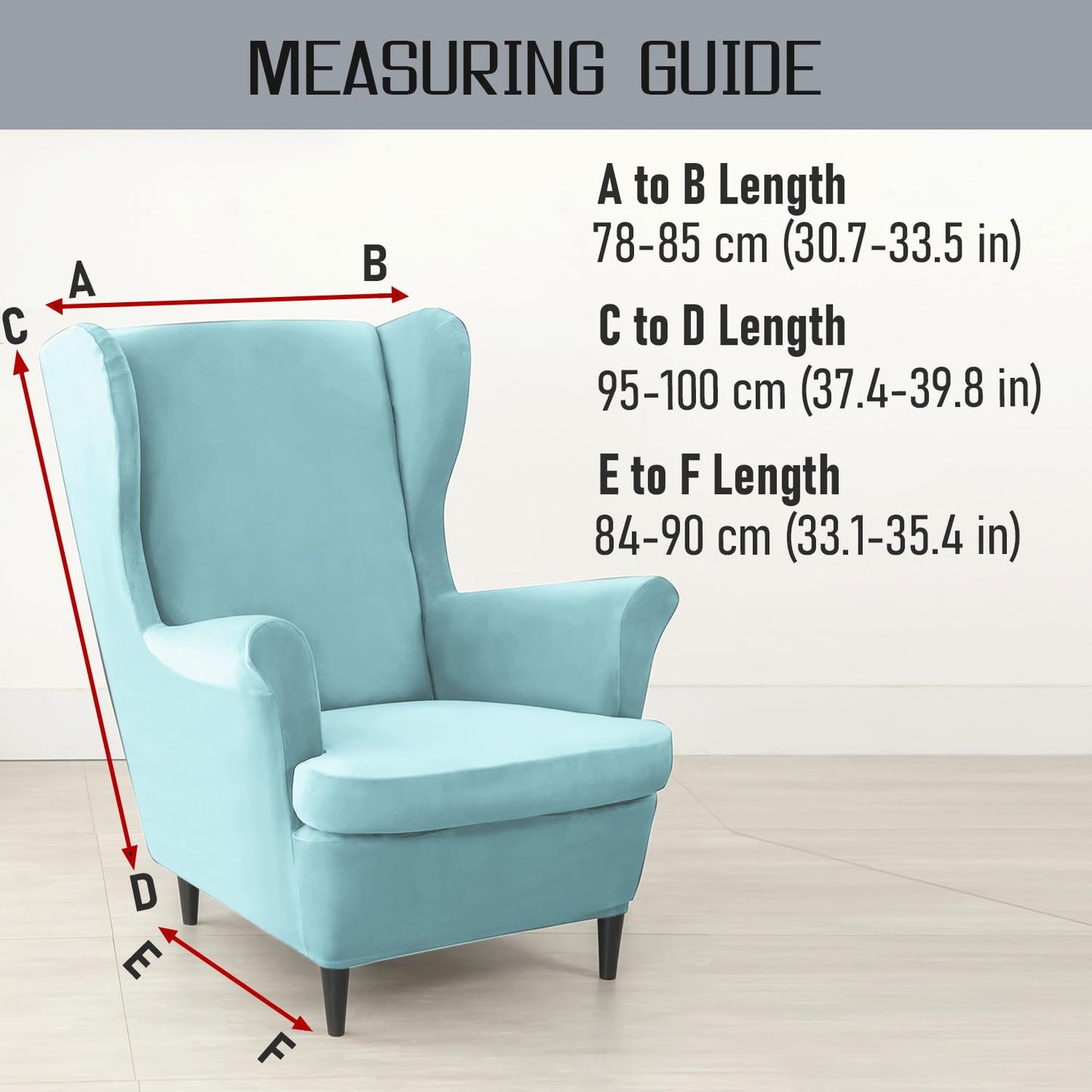 Size Guide for Sky Blue Premium Velvet Chair Covers for Wingback Chairs