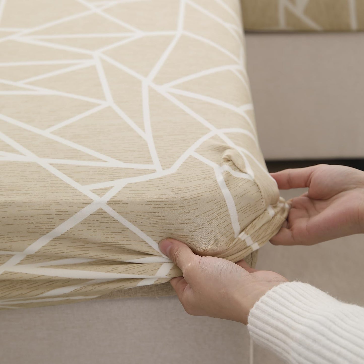 140 GSM Stretchable Printed Elastic Sofa Cushion Seat Cover for 1 /2 /3 Seaters / Pieces for Sofa, Beige Abstract Geometry
