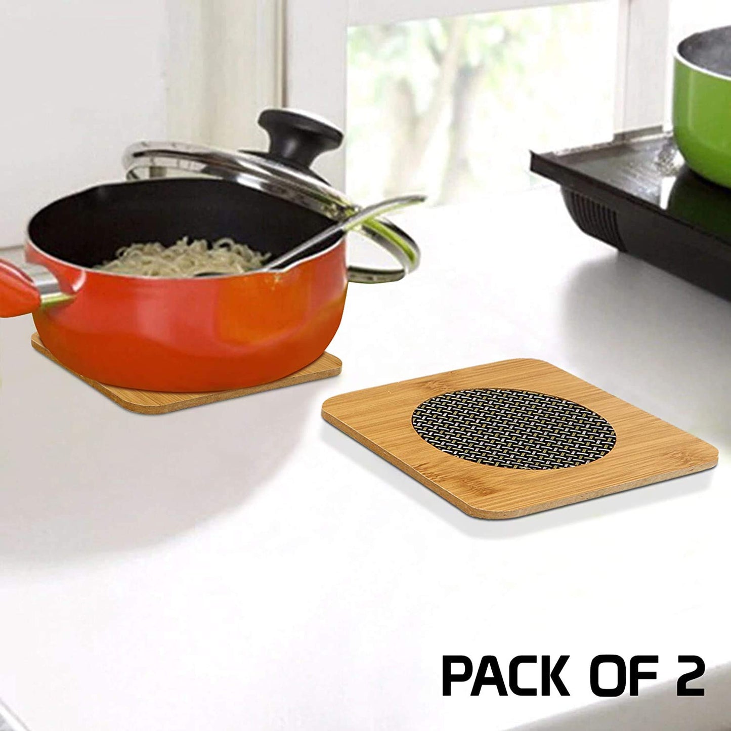 HOKIPO Eco-Friendly Bamboo Wooden Coasters for Dining Table Heat Pad for Kitchen - Pack of 2/4/6