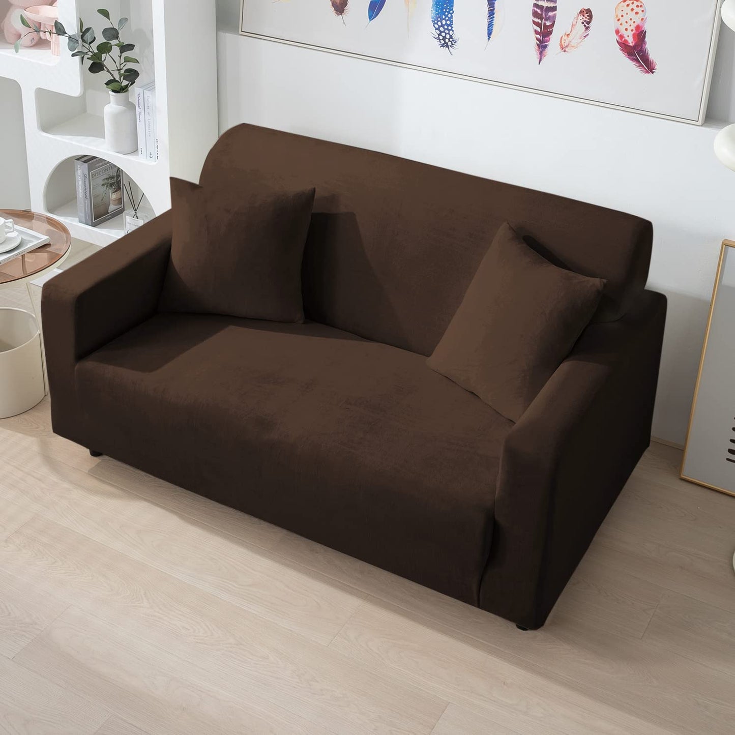 Elastic Stretchable Premium Velvet Sofa Cover, Brown