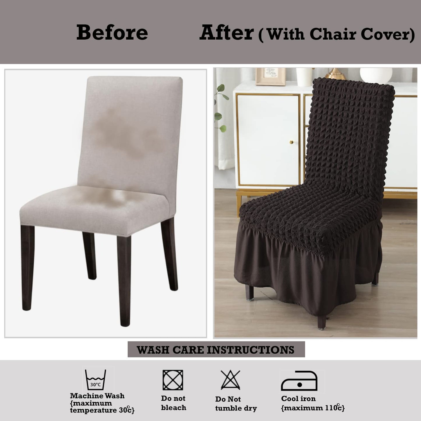 Elastic Stretchable 280 GSM Bubble Dining Chair Cover with Frill, Dark Chocolate