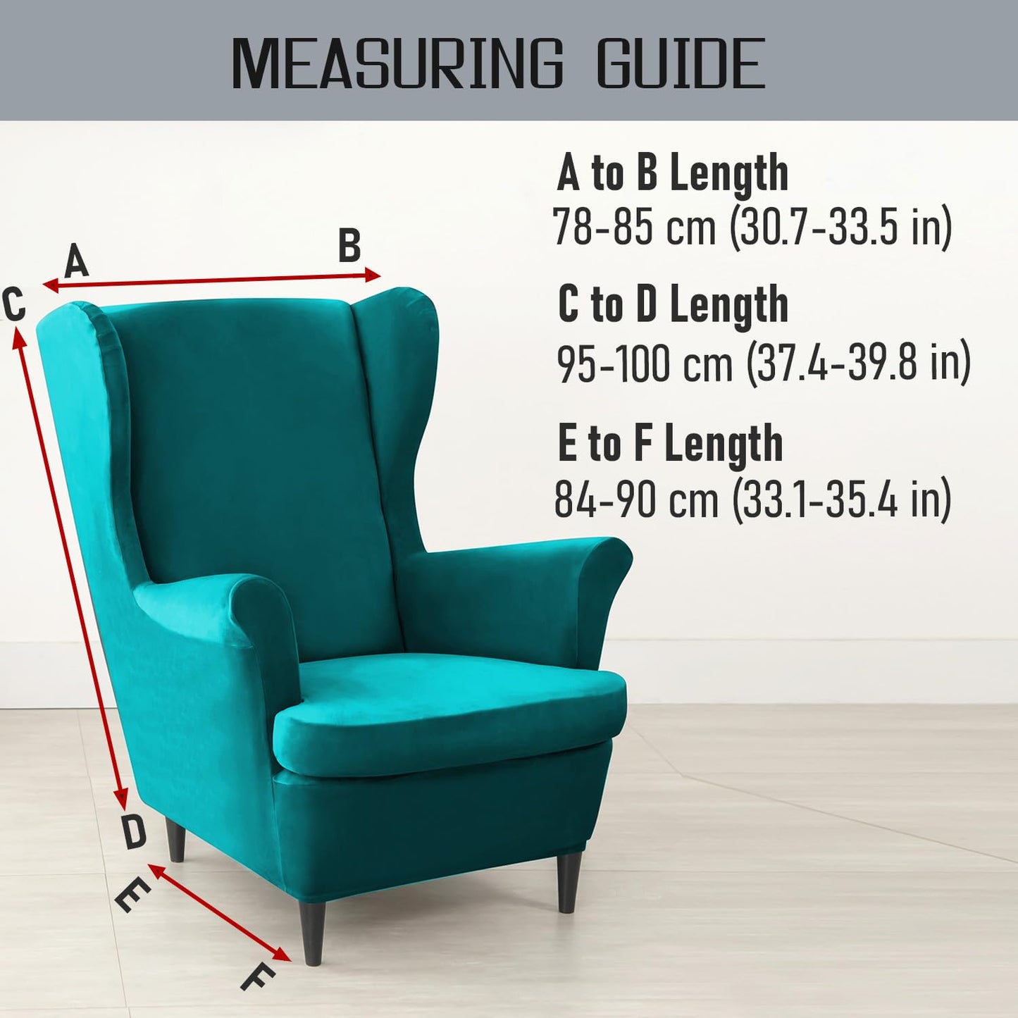 Size Guide for Turquoise Premium Velvet Chair Covers for Wingback Chairs