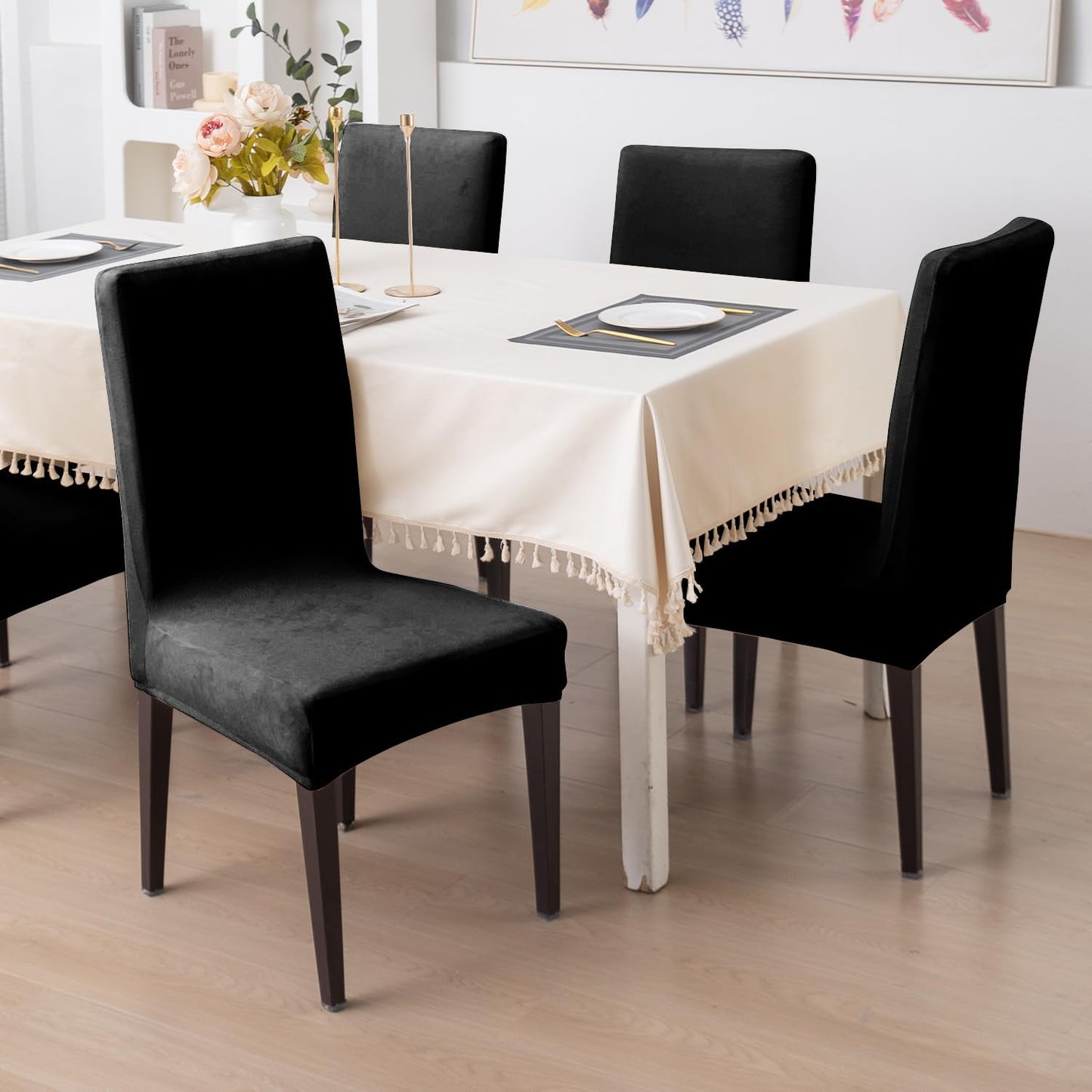 Elastic Stretchable Premium Velvet Dining Chair Cover, Black