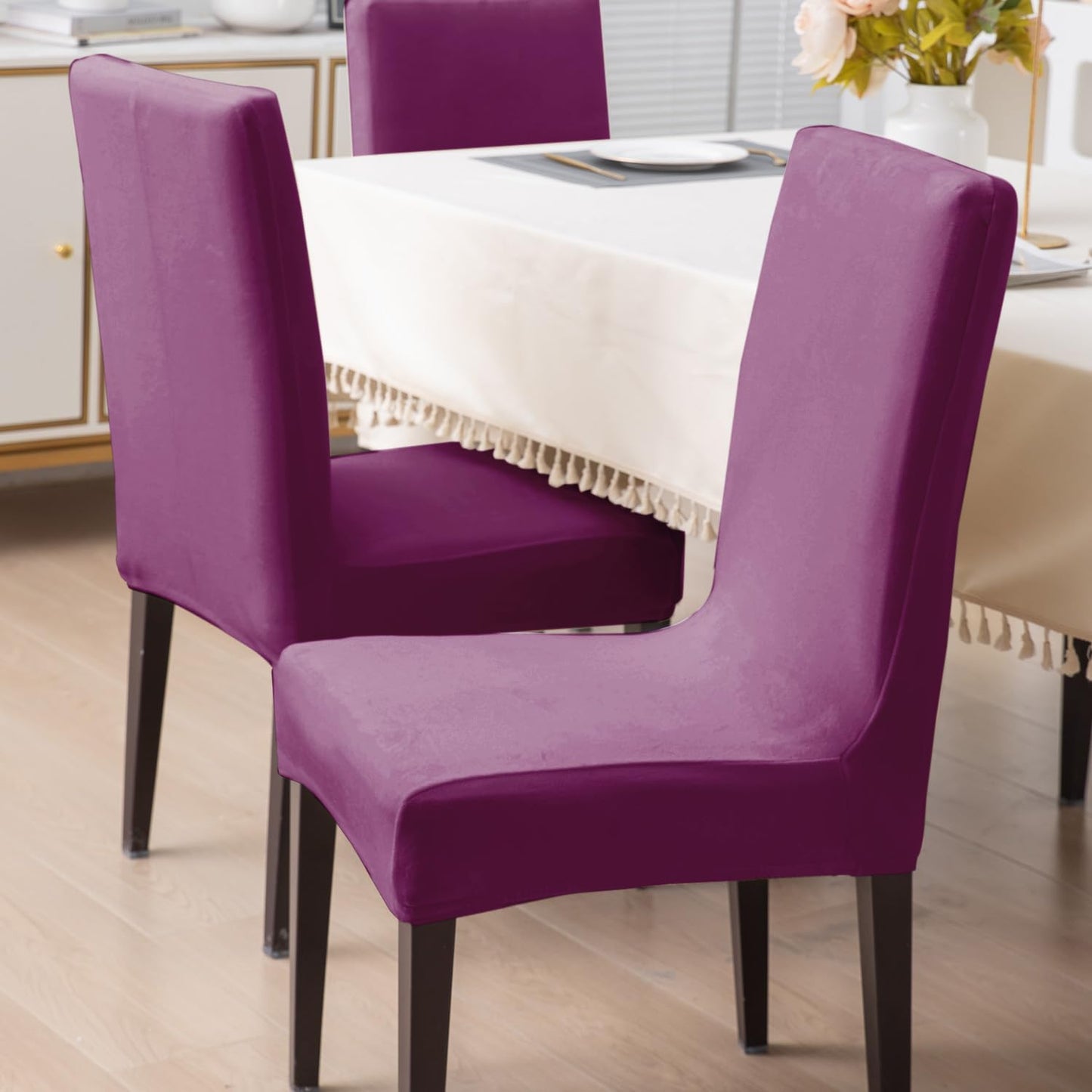 Elastic Stretchable Premium Velvet Dining Chair Cover, Purple