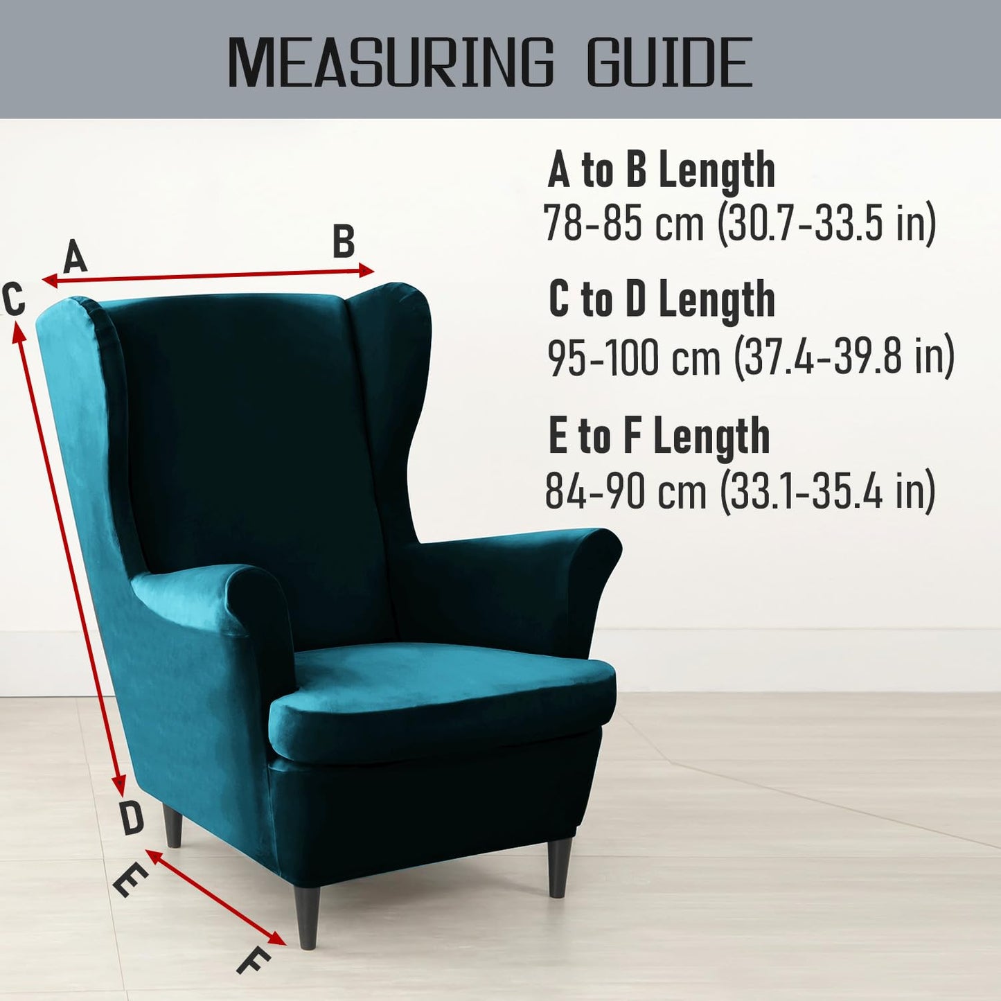 Size Guide for Peacock Blue Premium Velvet Chair Covers for Wingback Chairs