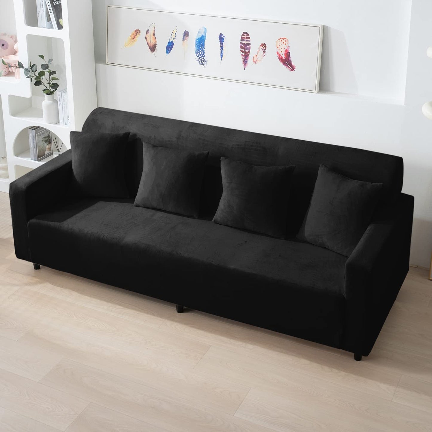 Black 4 seater stretchable velvet sofa cover