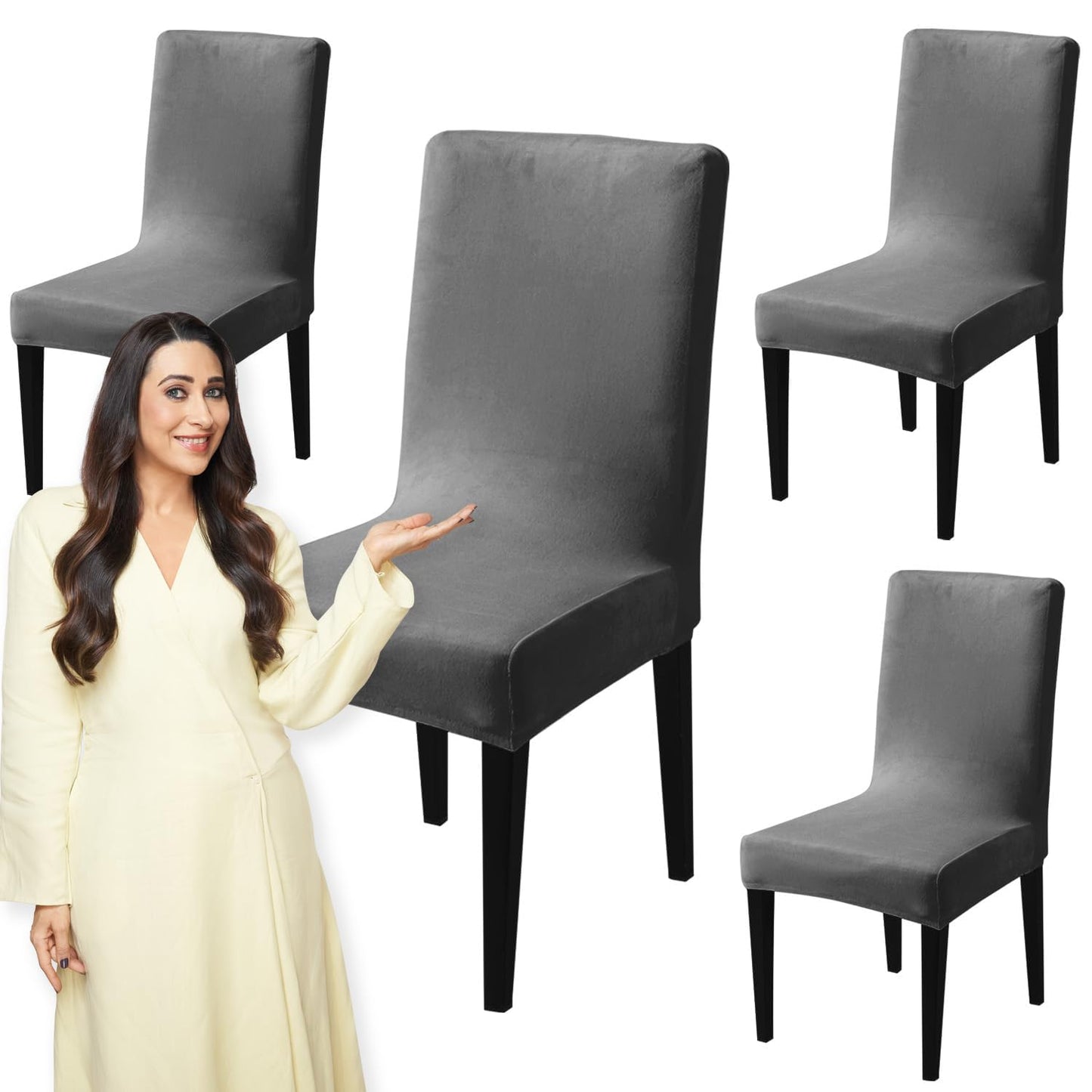 Elastic Stretchable Premium Velvet Dining Chair Cover, Dark Grey