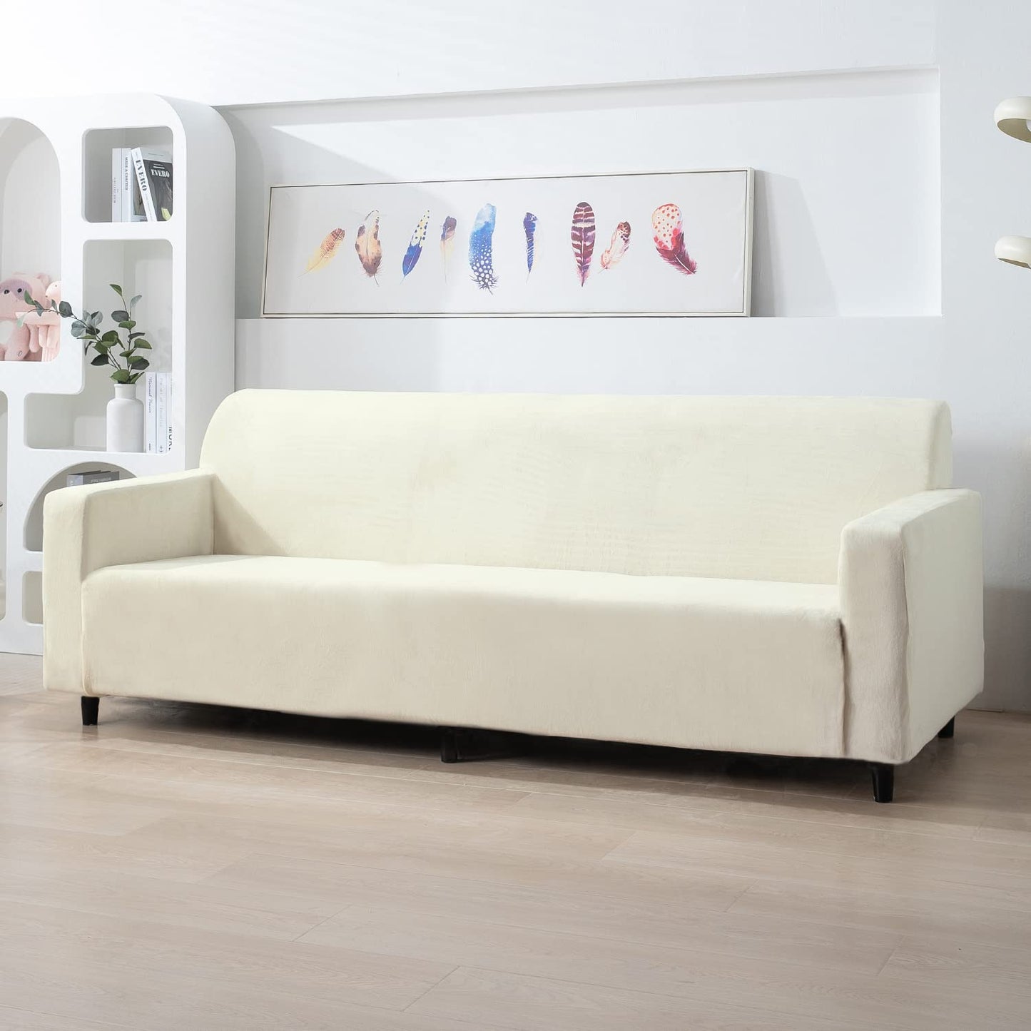 Beige 4 seater elastic velvet sofa cover