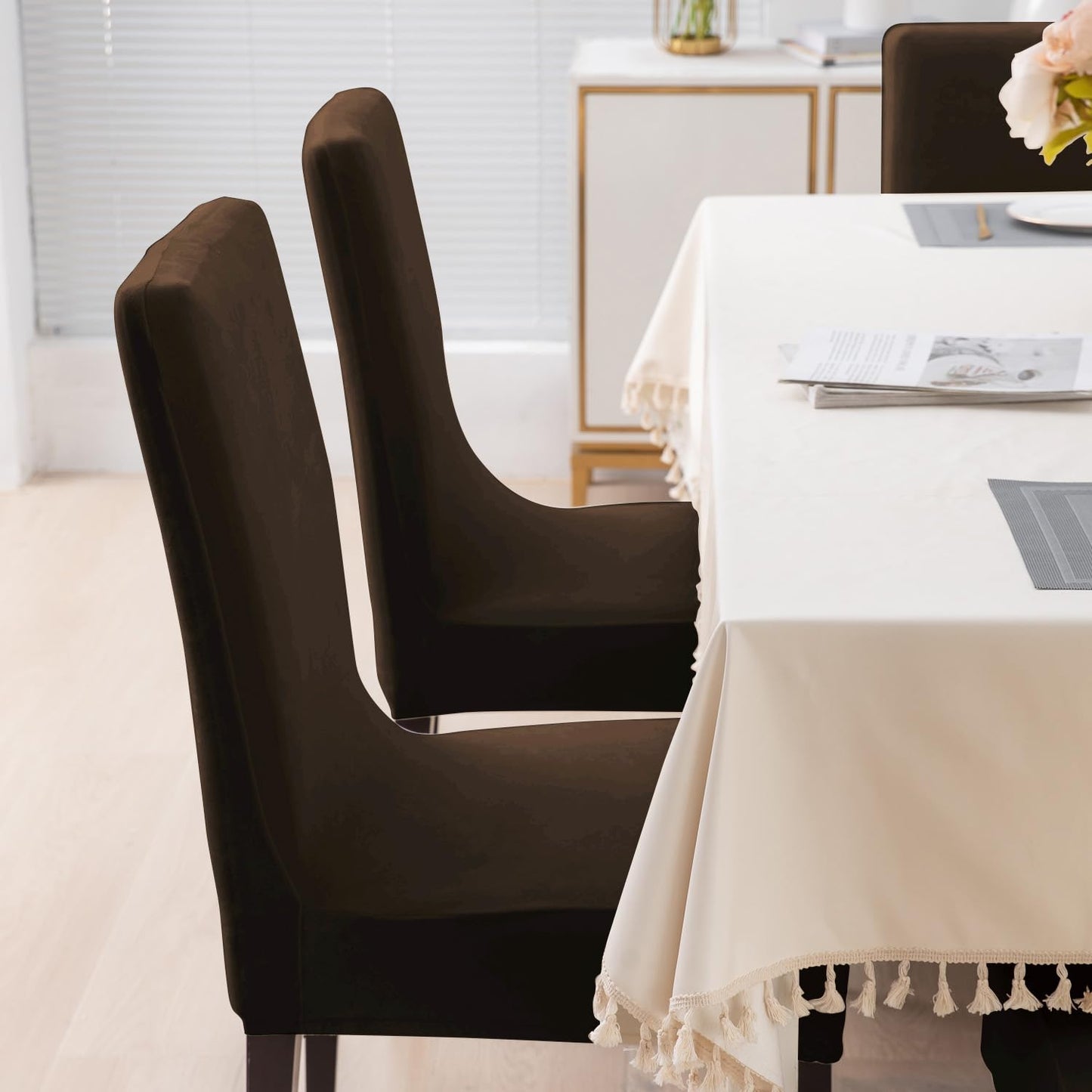 Elastic Stretchable Premium Velvet Dining Chair Cover, Brown